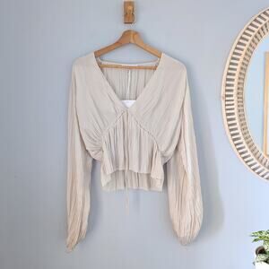 FRAME DENIM Tie-Front Long Sleeve Top, V-neck, Vanilla, size M, $348, NWT